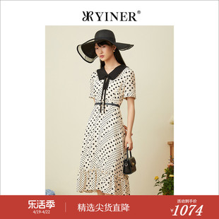 yiner音儿女装夏季黑白，波点娃娃领醋酸，飘带真丝连衣裙