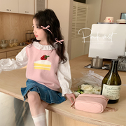 女童毛线马甲2024春装，宝宝可爱套头上衣，韩版儿童冰淇淋针织衫