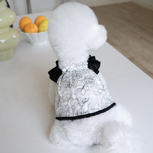 INS韩版宠物春夏黑白玫瑰雪纺吊带裙狗狗公主裙泰迪比熊短款衣服