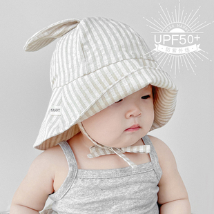 ins条纹兔耳朵婴儿，帽子春秋亚麻薄款防晒儿童，宝宝遮阳帽短裤夏季