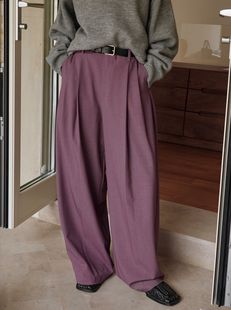紫色高腰阔腿西装裤春季韩版直筒，休闲宽松高级感垂感裤子女