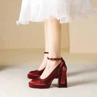法式小个子超高跟鞋女粗跟红色，秀禾婚鞋新娘鞋，2023秋季款方头单鞋
