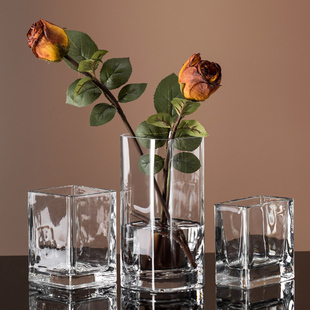 现代简约创意花瓶，透明玻璃方缸客厅，办公室餐桌装饰玻璃花瓶摆设