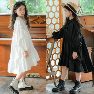 女童连衣裙春秋新中式衬衫裙，纯棉儿童裙灯笼，袖纯色大童女孩蛋糕裙