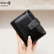 定制rfid女士钱包拉链，搭扣卡包油蜡皮零钱包欧美时尚短款钱包