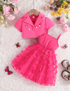 3-8岁中小女童夏短袖(夏短袖，)纯色钉扣西装，外套蝴蝶网纱吊带连衣裙两件套