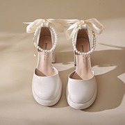 婚纱神器法式优雅公主，仙女白色高跟鞋粗跟松糕鞋，防水台矮个子婚鞋