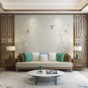 新中式轻奢电视背景墙壁布客厅，沙发影视墙布，卧室素色花鸟壁纸壁画