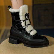 冬季厚款真皮防滑中跟系带羊羔毛雪地(毛，雪地)靴短靴女