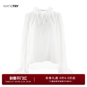 wana try春季白色仙气荷叶边女式上衣醋酸长袖衬衫