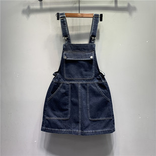 深蓝色休闲减龄大口袋背带，连衣裙韩版2024年夏季高腰a字短裙