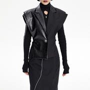设计师品牌女装原创高端黑色，皮衣拼接马甲，女收腰小西装背心上衣潮