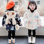 韩国女宝宝冬装加绒外套，2021儿童洋气棉服，小童中长款加厚棉衣
