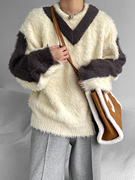 美式复古海马毛圆领拼接撞色毛衣，韩版街头氛围，感设计款小众毛线衣(毛线衣)