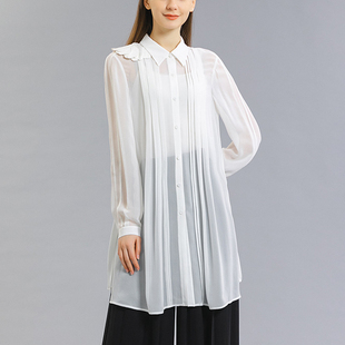 真丝乔其纱茶白色，不对称设计立体装饰单排多扣长袖桑蚕丝衬衫