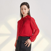 EMOO杨门秋装长袖衬衫女红色单排多扣衬衣蕾丝拼接衣领直筒