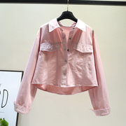 浅粉色拼接短款长袖衬衫小外套，女初秋韩范设计感法式小众甜美衬衣