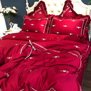 定制贡缎长绒棉四件套刺绣大红婚庆床上用品床单床裙六件套18m20