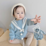 ins秋冬韩国婴儿海军风，连体衣春秋宝宝，纯棉针织毛衣哈衣洋气套装