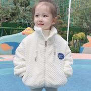女宝宝白色毛毛外套中长款女童，皮草大衣拉链冬季保暖休闲加厚