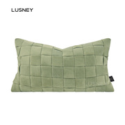 简约高档轻奢抱枕沙发客厅绿色进口鹿皮割绒肌理编织腰枕靠垫套