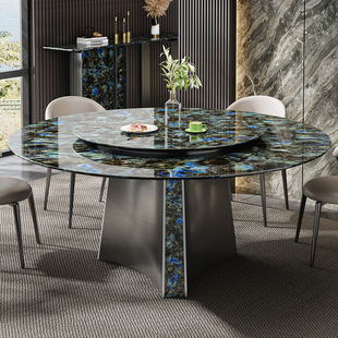 大理石圆餐桌高端意式轻奢微晶石带转盘饭桌家用超晶石餐桌椅组合