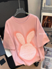 设计感小众兔子刺绣纯棉T恤女夏中长款大码减龄休闲短袖上衣潮牌