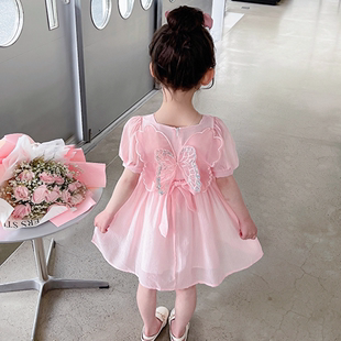 女童粉色蝴蝶公主裙子2024夏季演出服装儿童连衣裙小女孩夏装