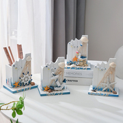 地中海风格创意笔筒收纳盒海洋风家居木质办公桌面装饰品摆件礼物