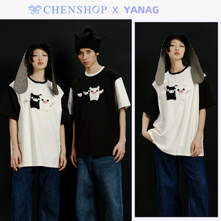 YANAG时尚小翅膀黑白猪t恤上衣短袖宽松情侣装CHENSHOP设计师品牌
