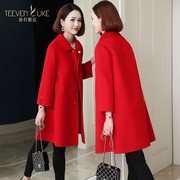 红色呢子大衣2020新双面(新双面，)呢羊毛外套韩版秋冬中长款水波纹气质女装