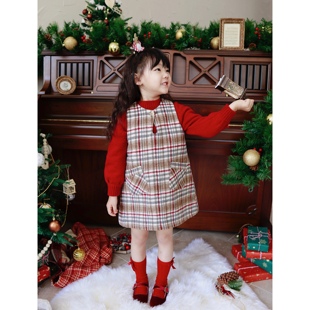 naixibaby|圣诞·新年!女童格纹一粒扣背心裙毛呢红咖色连衣裙