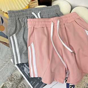 粉红色运动短裤女夏季外穿韩版高腰休闲a字外穿跑步阔腿居家热裤