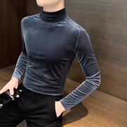 加绒加厚金丝绒长袖T恤男冬季韩版修身潮流半高领休闲内搭衣