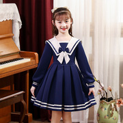 2021年秋冬女童海军领设计加绒保暖蓝色，红色学院风百褶儿童连衣裙