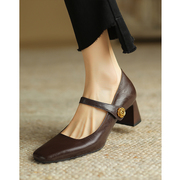 Kmeizu法式优雅~5.5cm粗跟羊皮高跟鞋一字扣带玛丽珍鞋不累脚单鞋