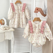 韩版婴儿衣服春装女宝宝，姐妹装碎花，连体衣棉质薄款长袖哈衣连衣裙