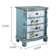 美式乡村彩绘花鸟蓝色床头柜储物柜，复古边柜实木，四斗柜地中海家具