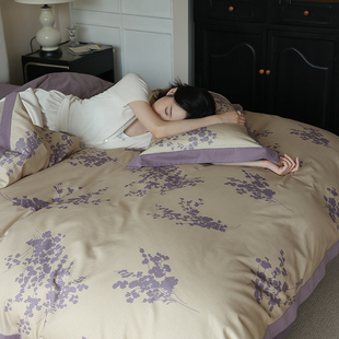 紫色复古条纹全棉四件套加厚纯棉，磨毛床上被套100支保暖婴儿棉