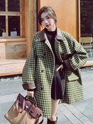 韩系复古绿色格子毛呢外套，女2023秋冬气质加棉加厚呢子大衣