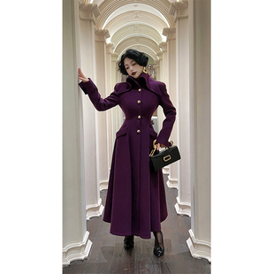 路易小姐庄园风华中古紫色，收腰垫肩气质羊毛毛呢，大衣长款外套