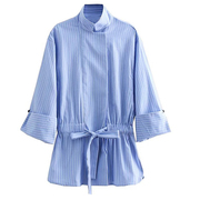 春夏蓝色条纹长袖女衬衫，系带收腰高腰宽松休闲法式小立领衬衣