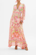 CAMILLA澳洲卡米拉波西米亚收腰灯笼袖真丝粉色TEA长裙