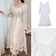 2021春装方领白色优雅连衣裙女法式拼接蕾丝长裙仙女超仙森系裙子