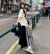 韩国设计师联名款潮牌三道杠撞色蕾丝，拼接裙子黑色长款半身裙百搭