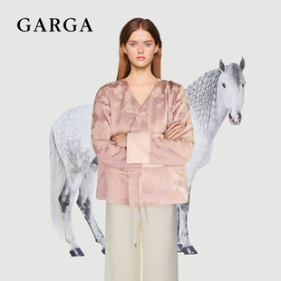 GARGA新中式国风粉红色提花v领外套女高级感宽松盘扣短款衬衫上衣