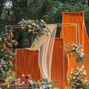 橙色婚礼布艺婚庆室外吊顶，布幔背景舞台，布置甜品台装饰布珍珠雪纺