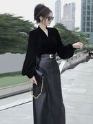 面试穿搭气质时尚通勤女装黑色上衣+黑色长裙套装两件套潮