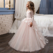 定制儿童晚礼服修身公主裙2024长袖女童结婚婚纱花童钢琴表演礼服