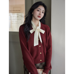 贰羊设计江露月法式小香绑带红色毛衣女宽松针织羊毛开衫外套
